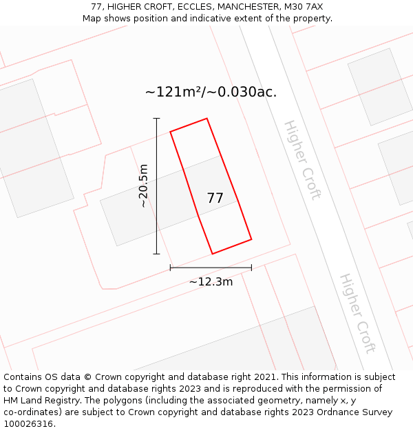 77, HIGHER CROFT, ECCLES, MANCHESTER, M30 7AX: Plot and title map