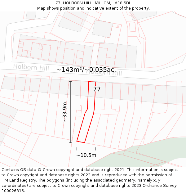 77, HOLBORN HILL, MILLOM, LA18 5BL: Plot and title map