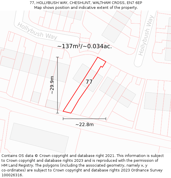 77, HOLLYBUSH WAY, CHESHUNT, WALTHAM CROSS, EN7 6EP: Plot and title map