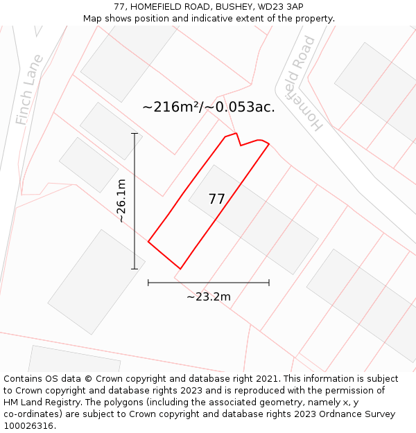 77, HOMEFIELD ROAD, BUSHEY, WD23 3AP: Plot and title map