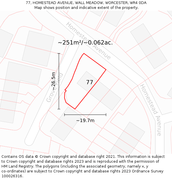 77, HOMESTEAD AVENUE, WALL MEADOW, WORCESTER, WR4 0DA: Plot and title map