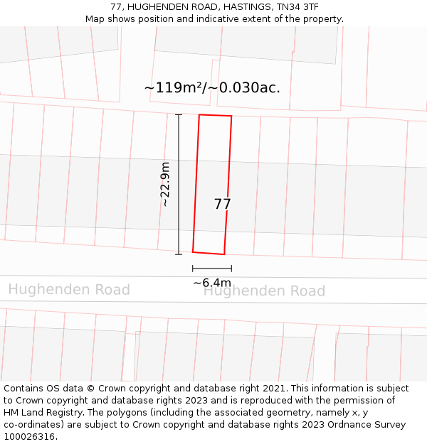 77, HUGHENDEN ROAD, HASTINGS, TN34 3TF: Plot and title map
