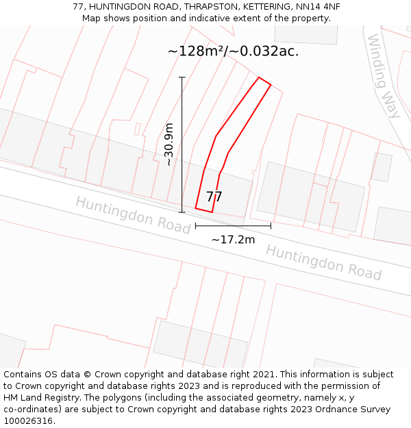 77, HUNTINGDON ROAD, THRAPSTON, KETTERING, NN14 4NF: Plot and title map