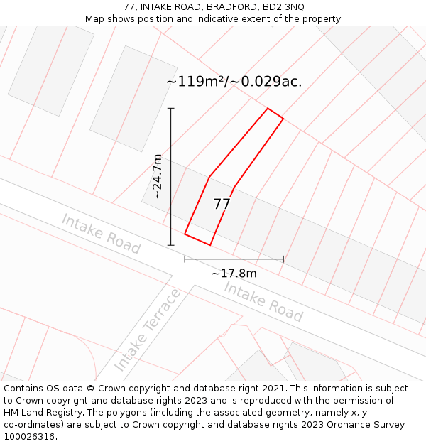 77, INTAKE ROAD, BRADFORD, BD2 3NQ: Plot and title map