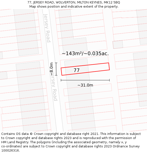 77, JERSEY ROAD, WOLVERTON, MILTON KEYNES, MK12 5BQ: Plot and title map