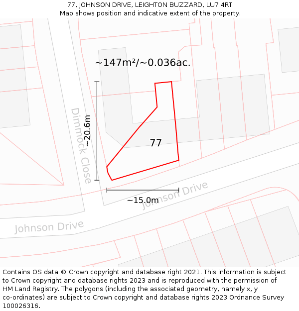 77, JOHNSON DRIVE, LEIGHTON BUZZARD, LU7 4RT: Plot and title map
