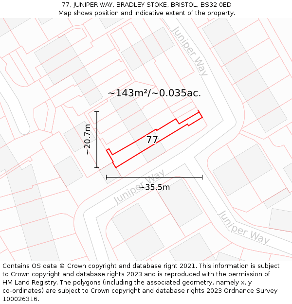 77, JUNIPER WAY, BRADLEY STOKE, BRISTOL, BS32 0ED: Plot and title map
