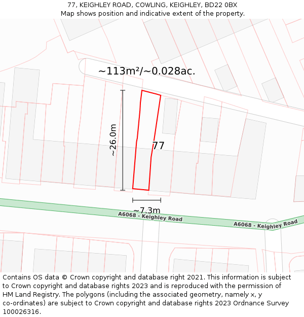 77, KEIGHLEY ROAD, COWLING, KEIGHLEY, BD22 0BX: Plot and title map