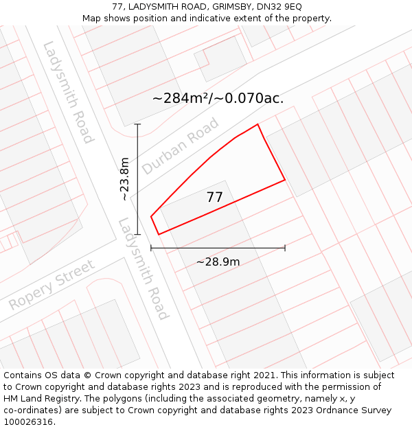 77, LADYSMITH ROAD, GRIMSBY, DN32 9EQ: Plot and title map