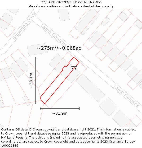 77, LAMB GARDENS, LINCOLN, LN2 4EG: Plot and title map