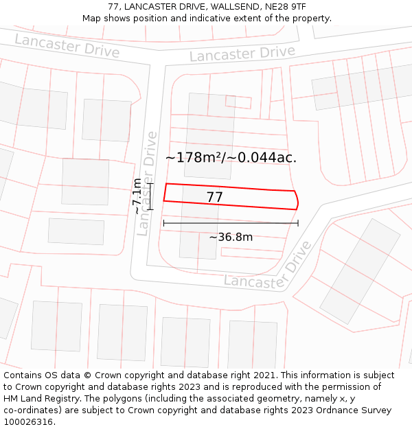 77, LANCASTER DRIVE, WALLSEND, NE28 9TF: Plot and title map