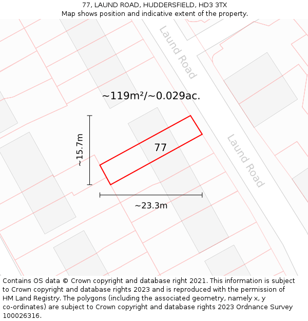 77, LAUND ROAD, HUDDERSFIELD, HD3 3TX: Plot and title map