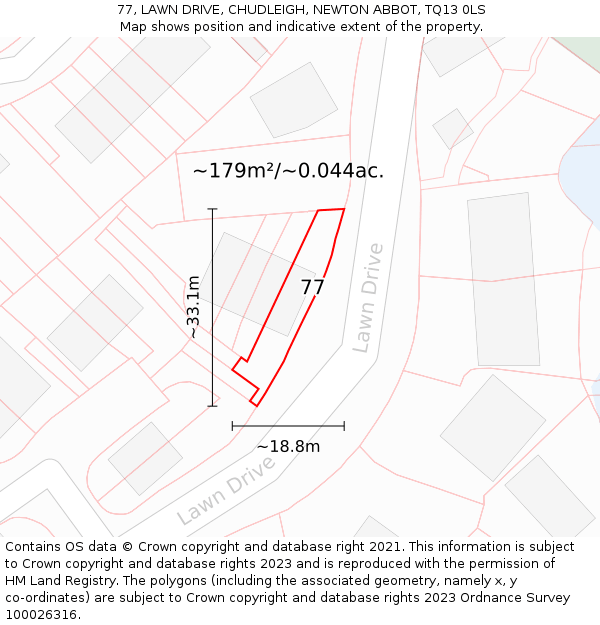 77, LAWN DRIVE, CHUDLEIGH, NEWTON ABBOT, TQ13 0LS: Plot and title map