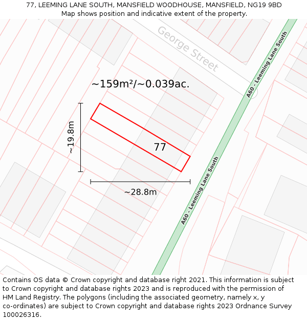 77, LEEMING LANE SOUTH, MANSFIELD WOODHOUSE, MANSFIELD, NG19 9BD: Plot and title map