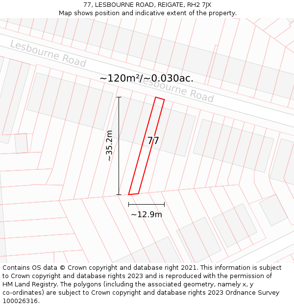 77, LESBOURNE ROAD, REIGATE, RH2 7JX: Plot and title map