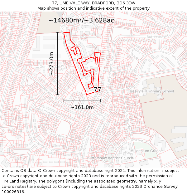 77, LIME VALE WAY, BRADFORD, BD6 3DW: Plot and title map