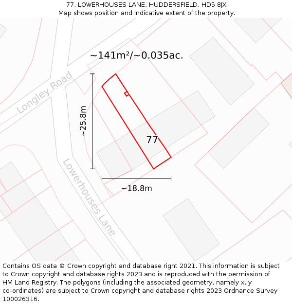 77, LOWERHOUSES LANE, HUDDERSFIELD, HD5 8JX: Plot and title map