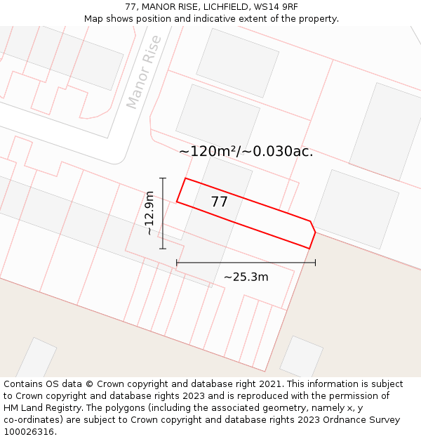 77, MANOR RISE, LICHFIELD, WS14 9RF: Plot and title map