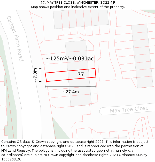 77, MAY TREE CLOSE, WINCHESTER, SO22 4JF: Plot and title map