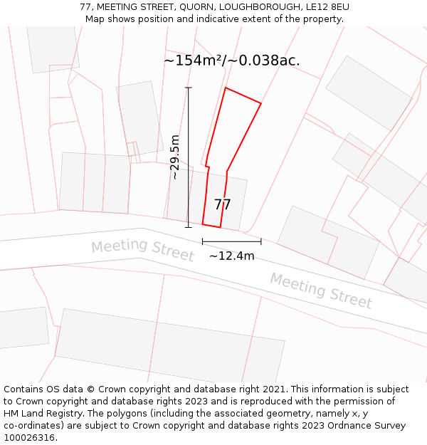77, MEETING STREET, QUORN, LOUGHBOROUGH, LE12 8EU: Plot and title map