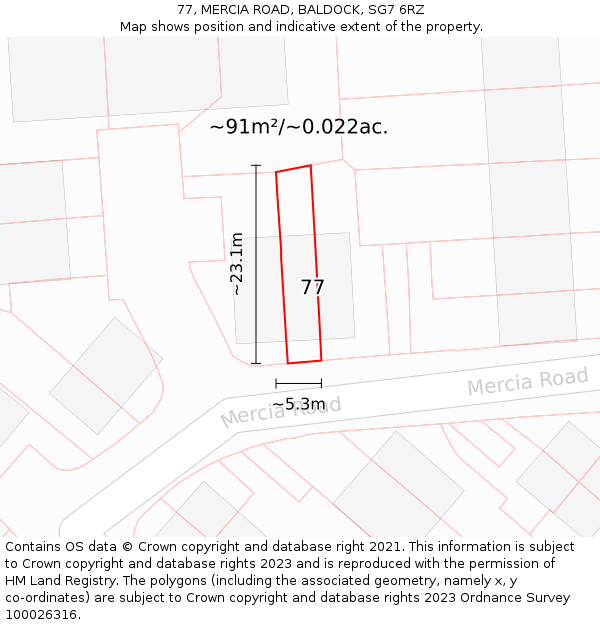 77, MERCIA ROAD, BALDOCK, SG7 6RZ: Plot and title map