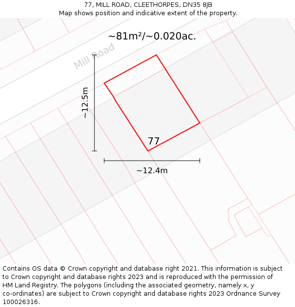 77, MILL ROAD, CLEETHORPES, DN35 8JB: Plot and title map