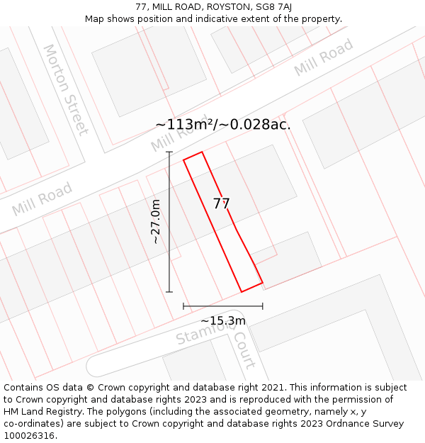 77, MILL ROAD, ROYSTON, SG8 7AJ: Plot and title map