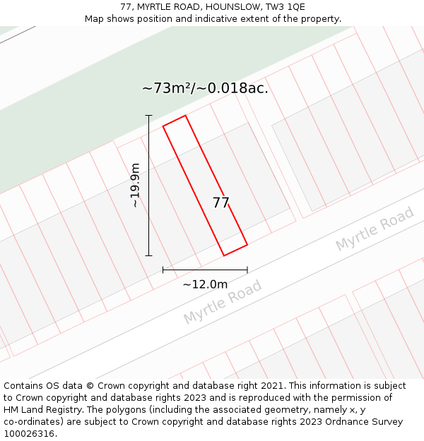 77, MYRTLE ROAD, HOUNSLOW, TW3 1QE: Plot and title map