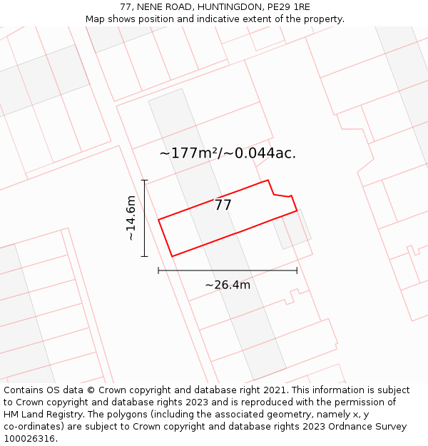 77, NENE ROAD, HUNTINGDON, PE29 1RE: Plot and title map
