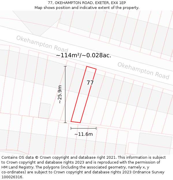 77, OKEHAMPTON ROAD, EXETER, EX4 1EP: Plot and title map
