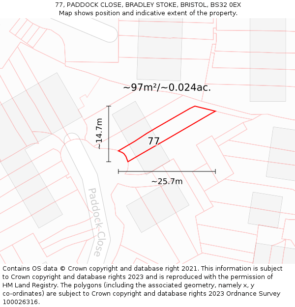 77, PADDOCK CLOSE, BRADLEY STOKE, BRISTOL, BS32 0EX: Plot and title map