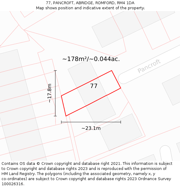 77, PANCROFT, ABRIDGE, ROMFORD, RM4 1DA: Plot and title map