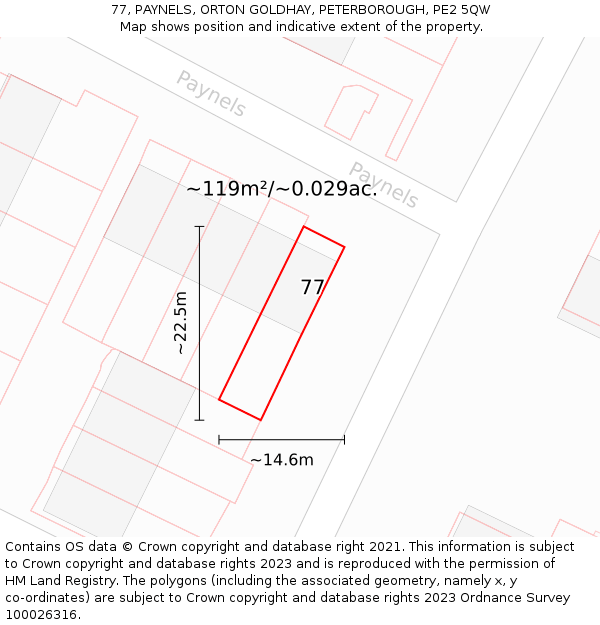 77, PAYNELS, ORTON GOLDHAY, PETERBOROUGH, PE2 5QW: Plot and title map