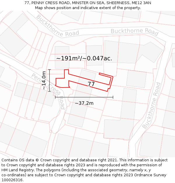 77, PENNY CRESS ROAD, MINSTER ON SEA, SHEERNESS, ME12 3AN: Plot and title map