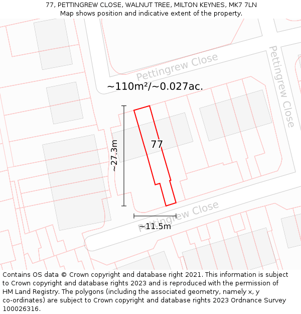 77, PETTINGREW CLOSE, WALNUT TREE, MILTON KEYNES, MK7 7LN: Plot and title map