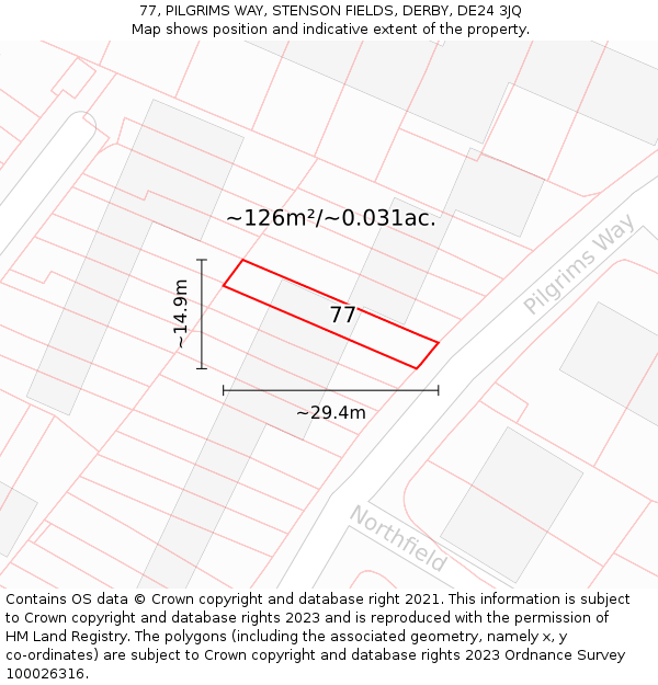 77, PILGRIMS WAY, STENSON FIELDS, DERBY, DE24 3JQ: Plot and title map