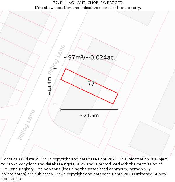 77, PILLING LANE, CHORLEY, PR7 3ED: Plot and title map