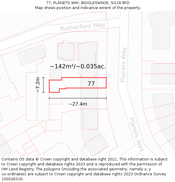 77, PLANETS WAY, BIGGLESWADE, SG18 8FD: Plot and title map