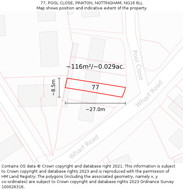 77, POOL CLOSE, PINXTON, NOTTINGHAM, NG16 6LL: Plot and title map