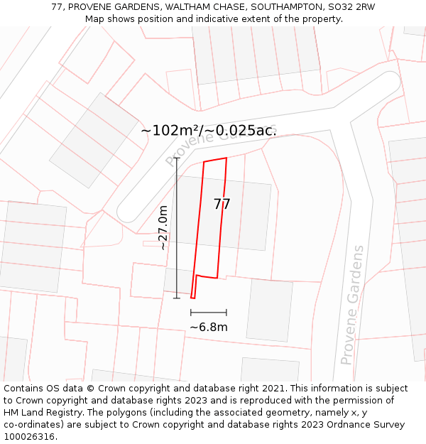 77, PROVENE GARDENS, WALTHAM CHASE, SOUTHAMPTON, SO32 2RW: Plot and title map