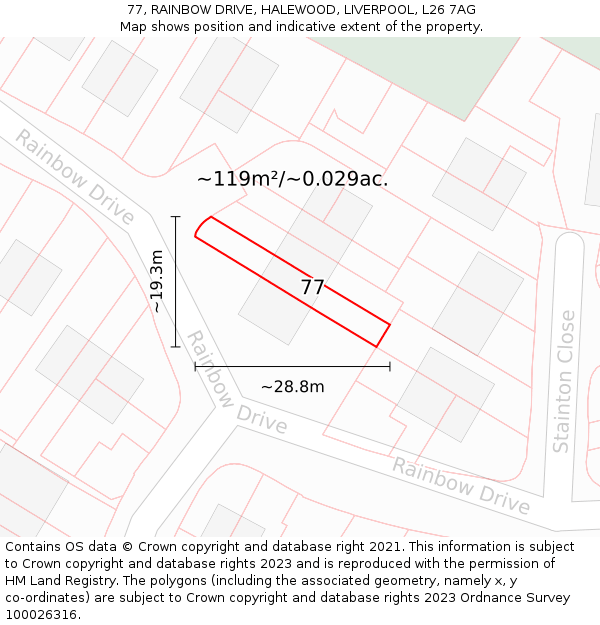 77, RAINBOW DRIVE, HALEWOOD, LIVERPOOL, L26 7AG: Plot and title map