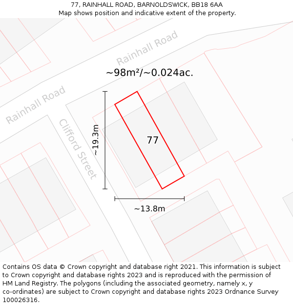 77, RAINHALL ROAD, BARNOLDSWICK, BB18 6AA: Plot and title map