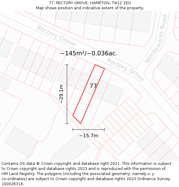 77, RECTORY GROVE, HAMPTON, TW12 1EG: Plot and title map
