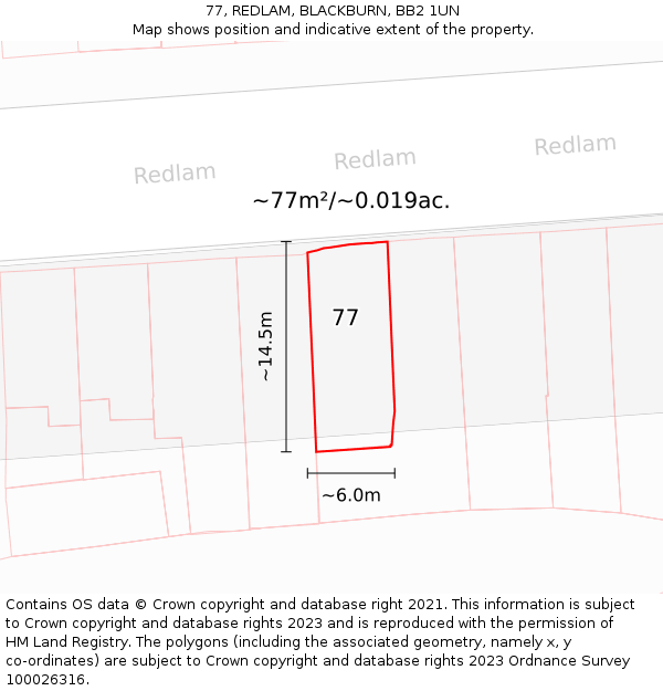77, REDLAM, BLACKBURN, BB2 1UN: Plot and title map