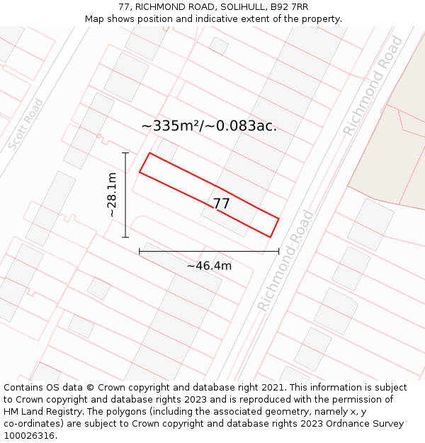 77, RICHMOND ROAD, SOLIHULL, B92 7RR: Plot and title map