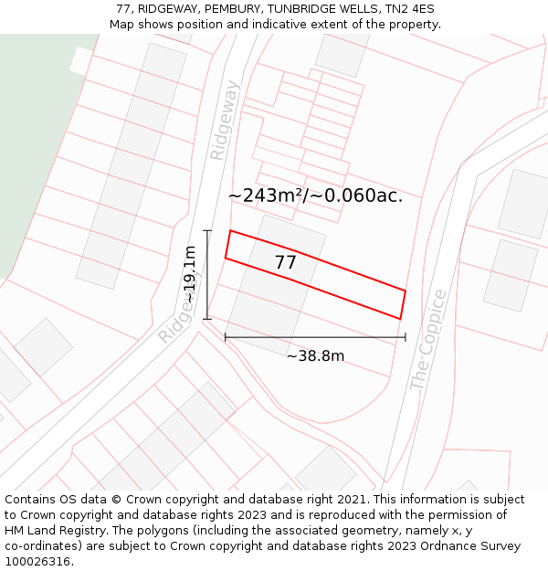 77, RIDGEWAY, PEMBURY, TUNBRIDGE WELLS, TN2 4ES: Plot and title map