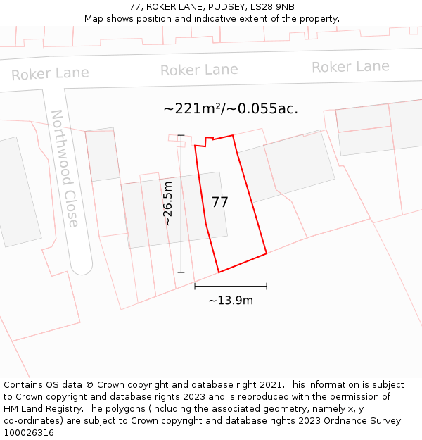 77, ROKER LANE, PUDSEY, LS28 9NB: Plot and title map