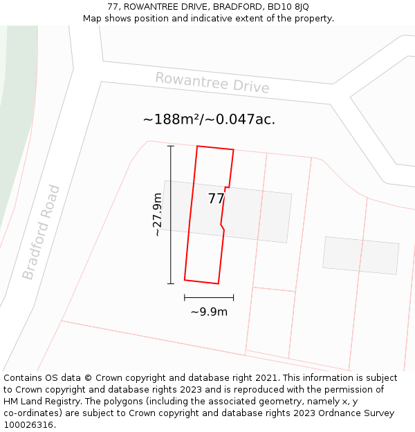 77, ROWANTREE DRIVE, BRADFORD, BD10 8JQ: Plot and title map