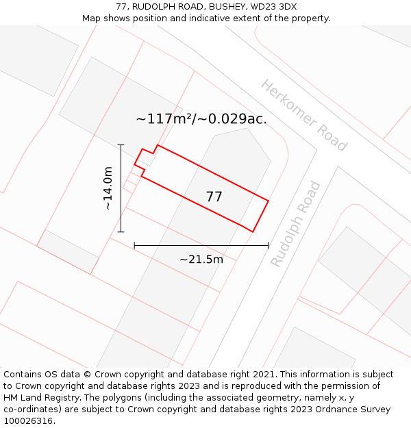 77, RUDOLPH ROAD, BUSHEY, WD23 3DX: Plot and title map
