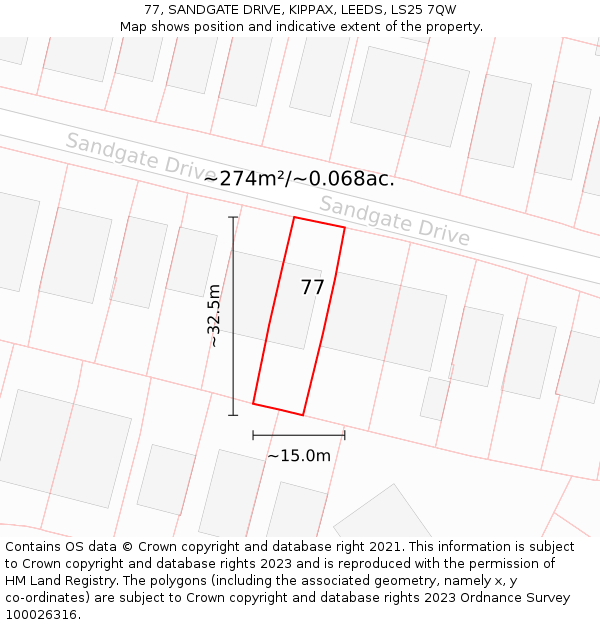 77, SANDGATE DRIVE, KIPPAX, LEEDS, LS25 7QW: Plot and title map